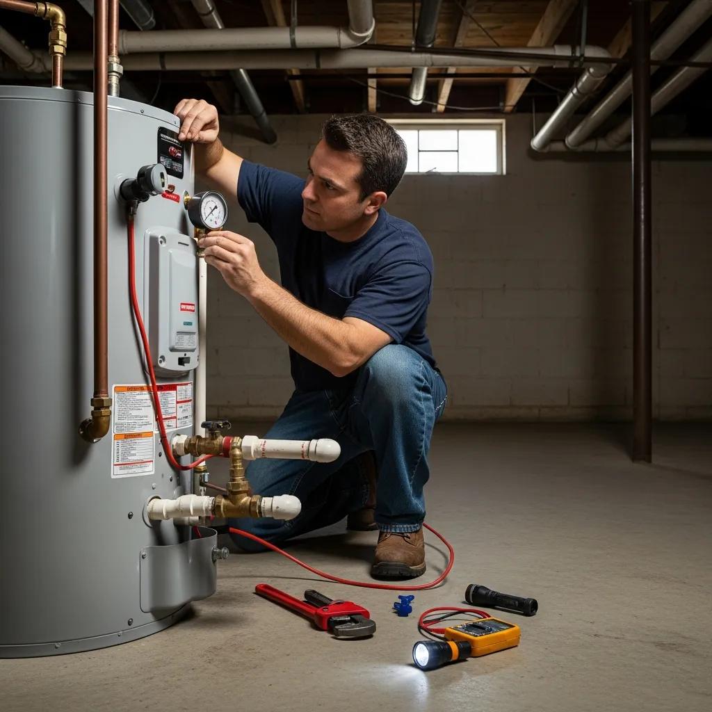 Frost & Kretsch technician inspecting a residential water heater