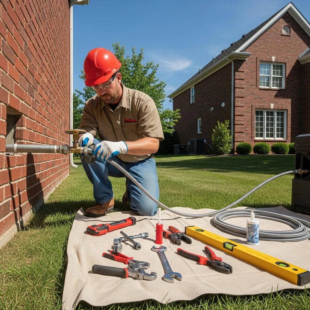 Technician installing an outdoor gas line — careful routing and code-compliant work