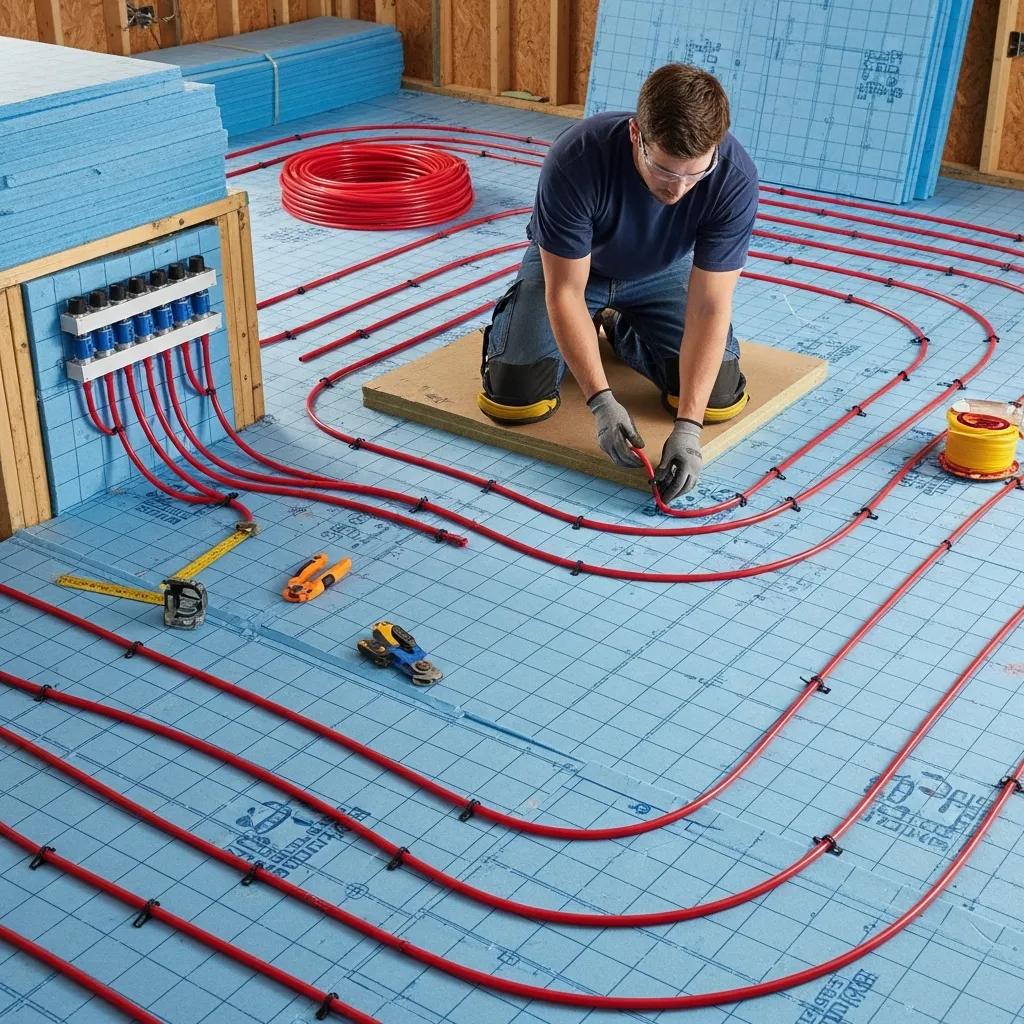 Technician laying PEX tubing and insulation for a radiant floor installation
