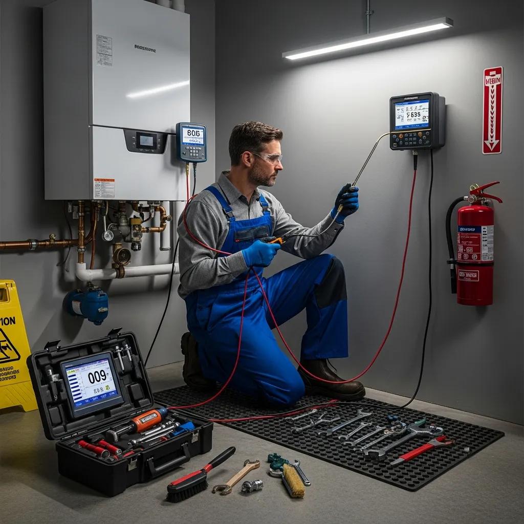Technician performing annual professional boiler tune-up, using diagnostic tools and equipment, surrounded by plumbing tools and safety signage.