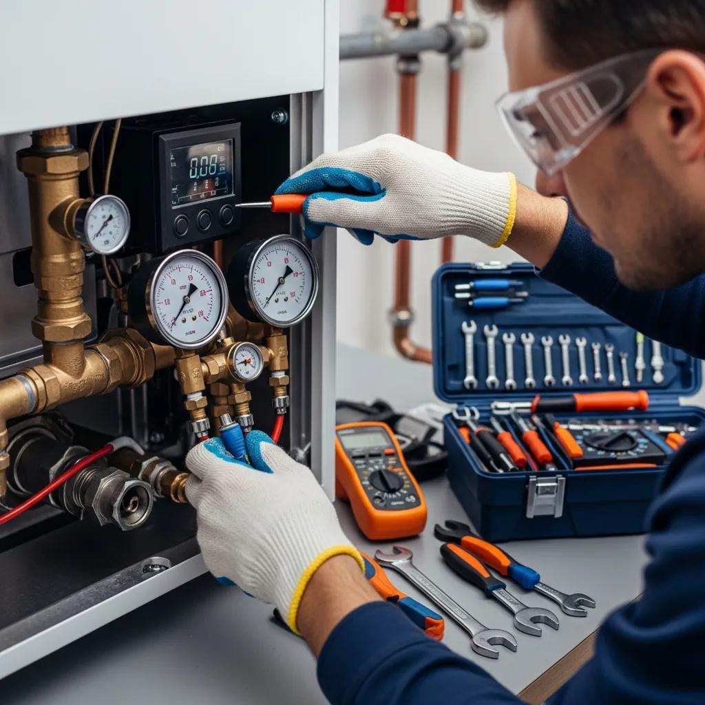 Technician servicing a hydronic boiler during routine maintenance