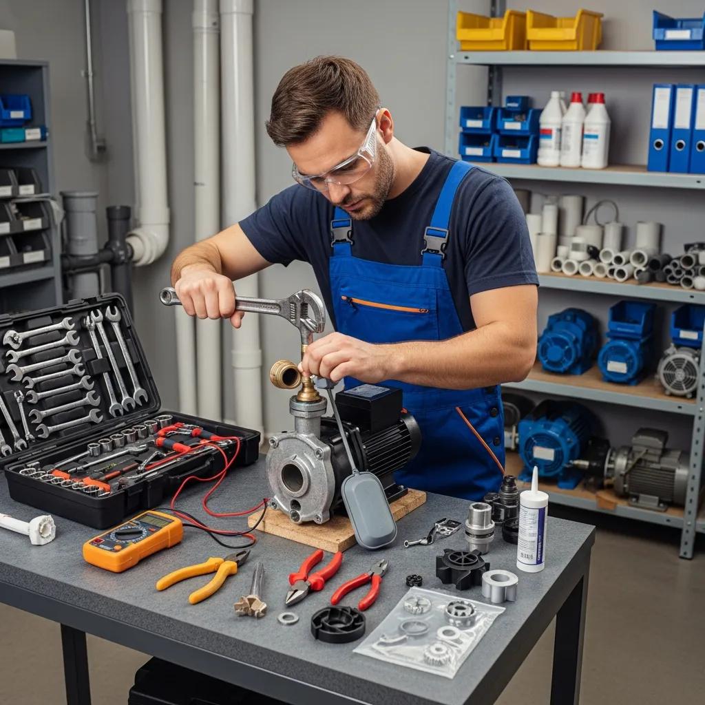 Technician servicing a sump pump during a maintenance visit