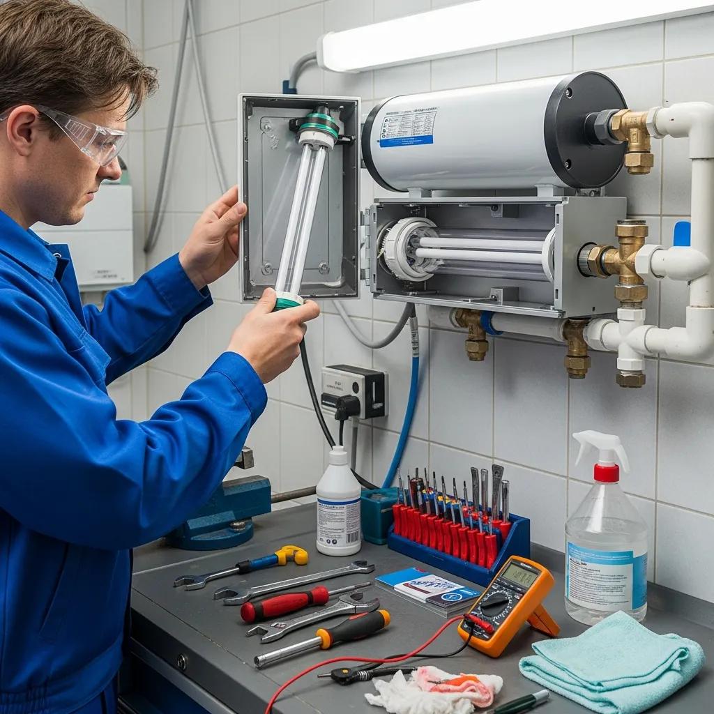 Technician performing maintenance on a UV water purifier, replacing the lamp, with tools and cleaning supplies on a workbench, emphasizing regular service for optimal water disinfection.
