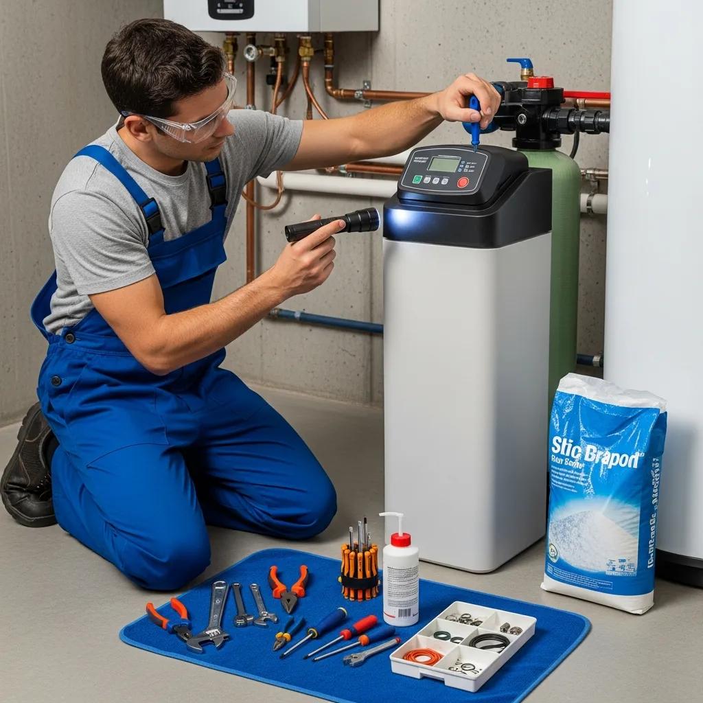 Technician performing maintenance on a water softener system, using a flashlight and tools, with a salt bag and various repair tools visible, emphasizing plumbing services for water quality improvement.