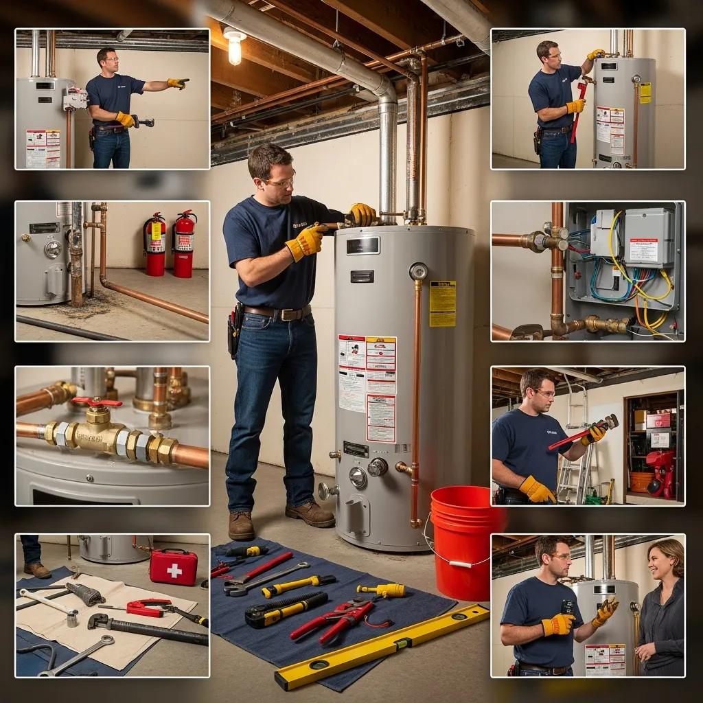 Technician performing water heater installation in a residential basement, using tools and inspecting connections, with safety equipment and plumbing components visible.