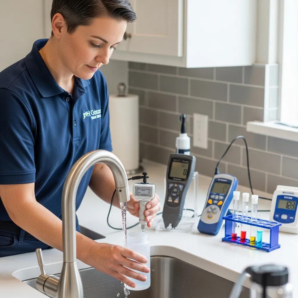Technician performing water quality testing at home, using a digital meter to assess contaminants, alongside various testing equipment and colorimetric tubes.