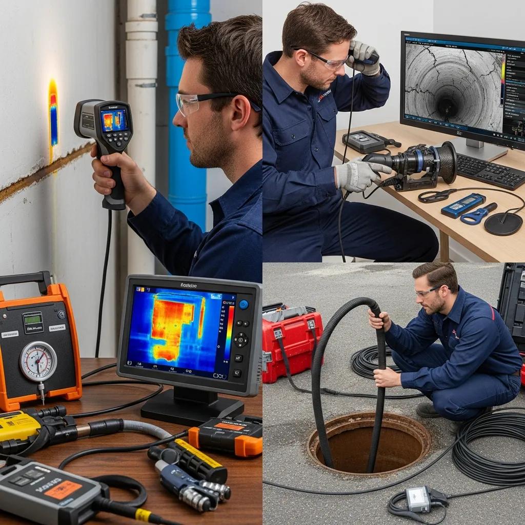Technician performing thermal imaging and sewer camera inspection during leak detection
