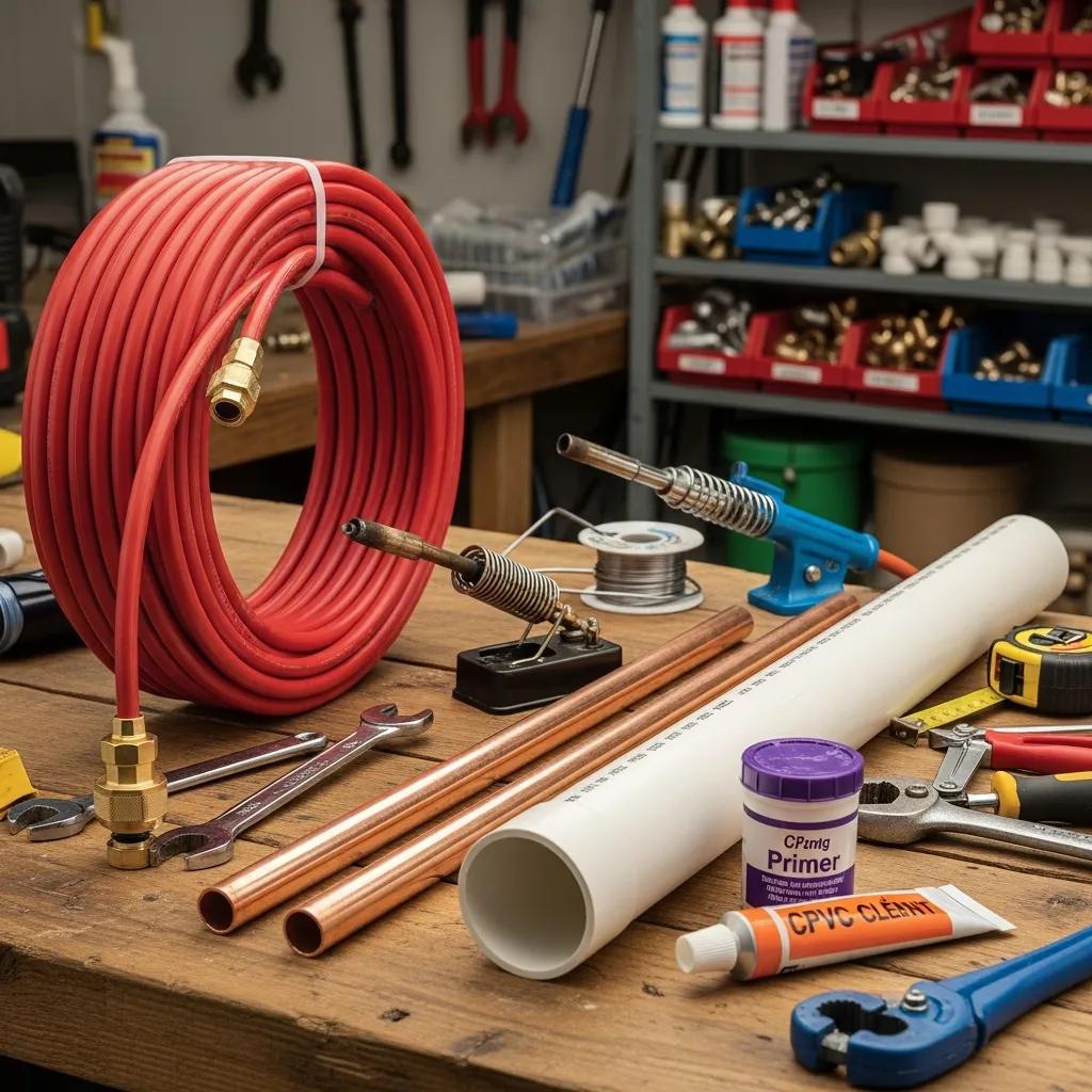 PEX, copper, and CPVC pipes displayed on a workbench with plumbing tools, highlighting replacement options for polybutylene plumbing systems.