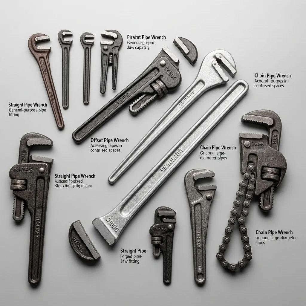 Various types of pipe wrenches displayed on a work surface, including straight, offset, and chain wrenches, labeled for their distinct uses in plumbing tasks.