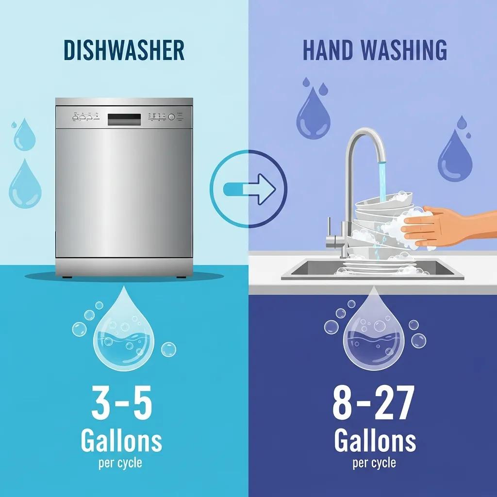 Dishwasher and hand washing water usage comparison, showing 3–5 gallons per cycle for ENERGY STAR dishwashers and 8–27 gallons for hand washing, with illustrations of each method.