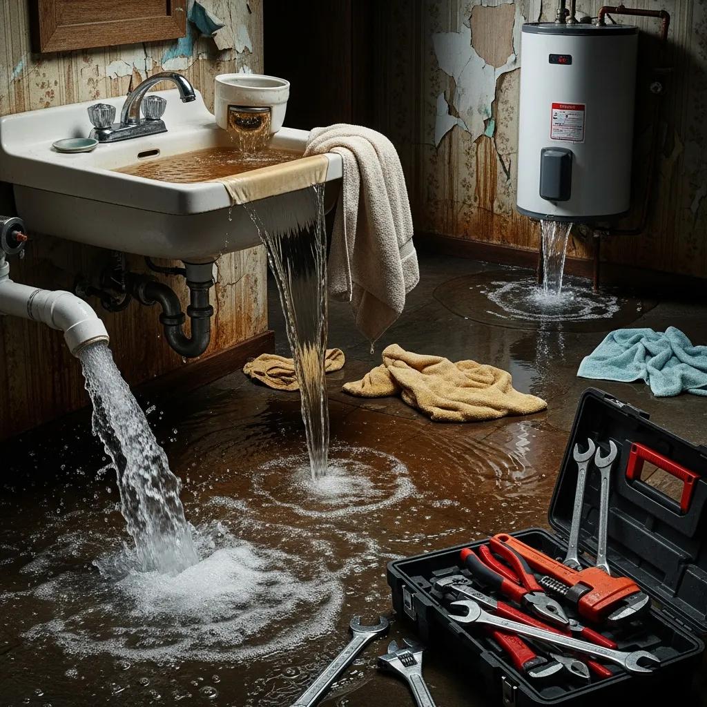 Common plumbing emergencies such as burst pipes and clogged drains, illustrating urgent repair needs