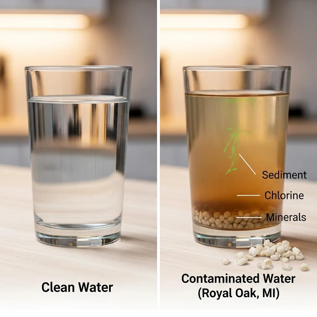 Clean water in a glass contrasted with contaminated water from Royal Oak, MI, showing sediment, chlorine, and minerals, highlighting local water quality issues.
