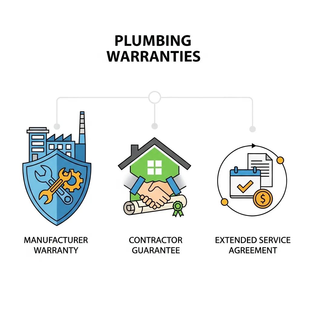 Graphic showing different plumbing warranty types: manufacturer, contractor, and extended plans