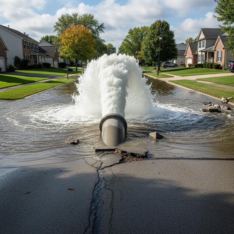 Water main break with gushing water in a residential area, highlighting emergency plumbing situation