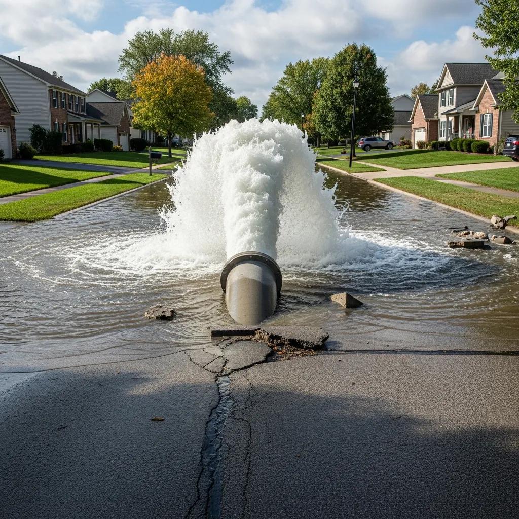 Water main break with gushing water in a residential area, highlighting emergency plumbing situation
