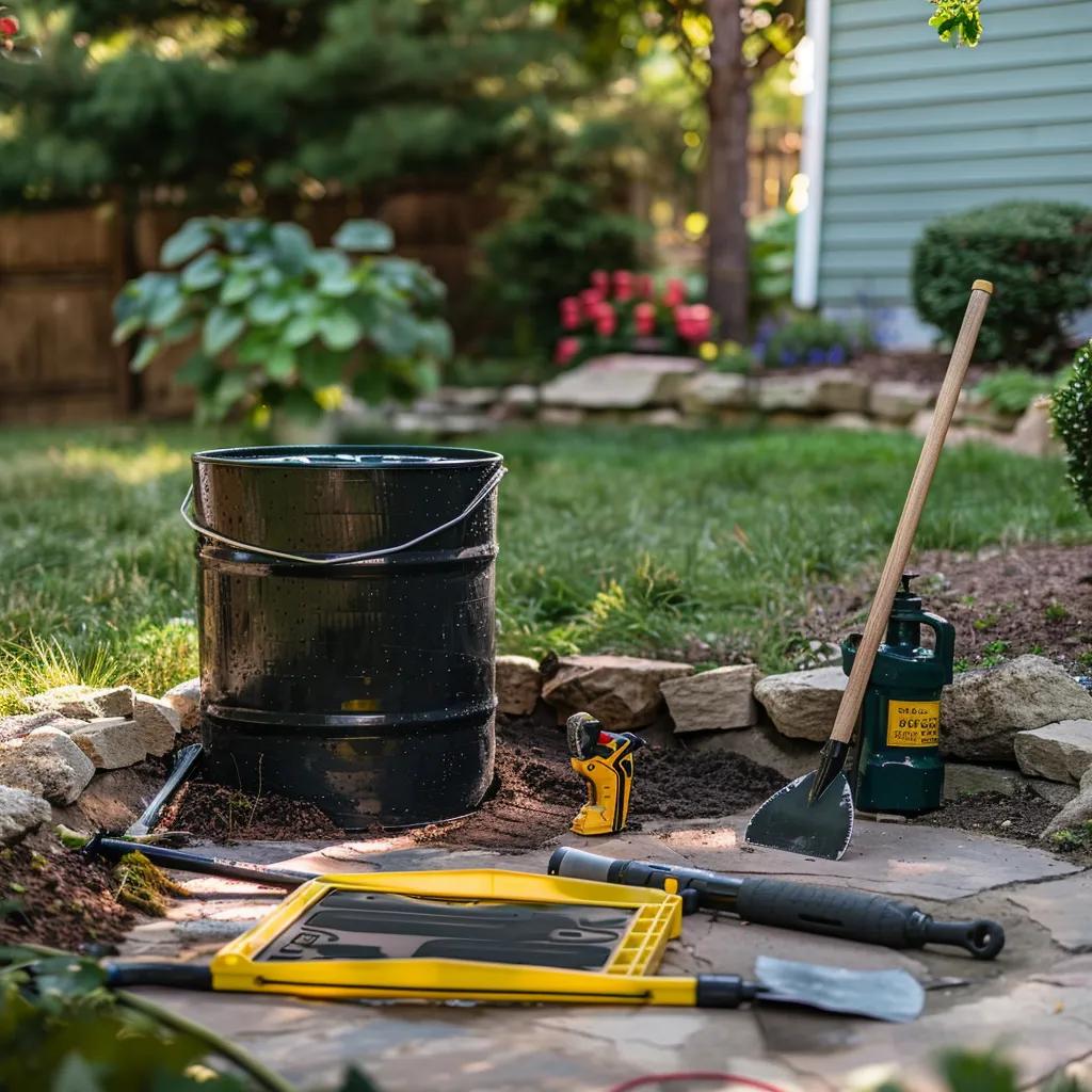 Black rain barrel surrounded by gardening tools, including a spade, shovel, and a level, set in a landscaped yard, illustrating rainwater harvesting for gardening.