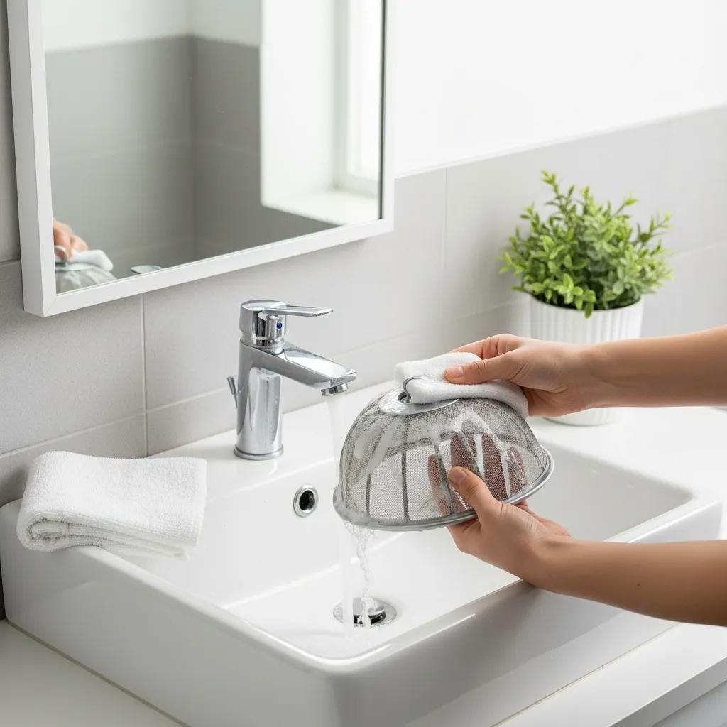 Hands cleaning a mesh hair catcher over a bathroom sink, demonstrating effective drain care and maintenance tips to prevent clogs.