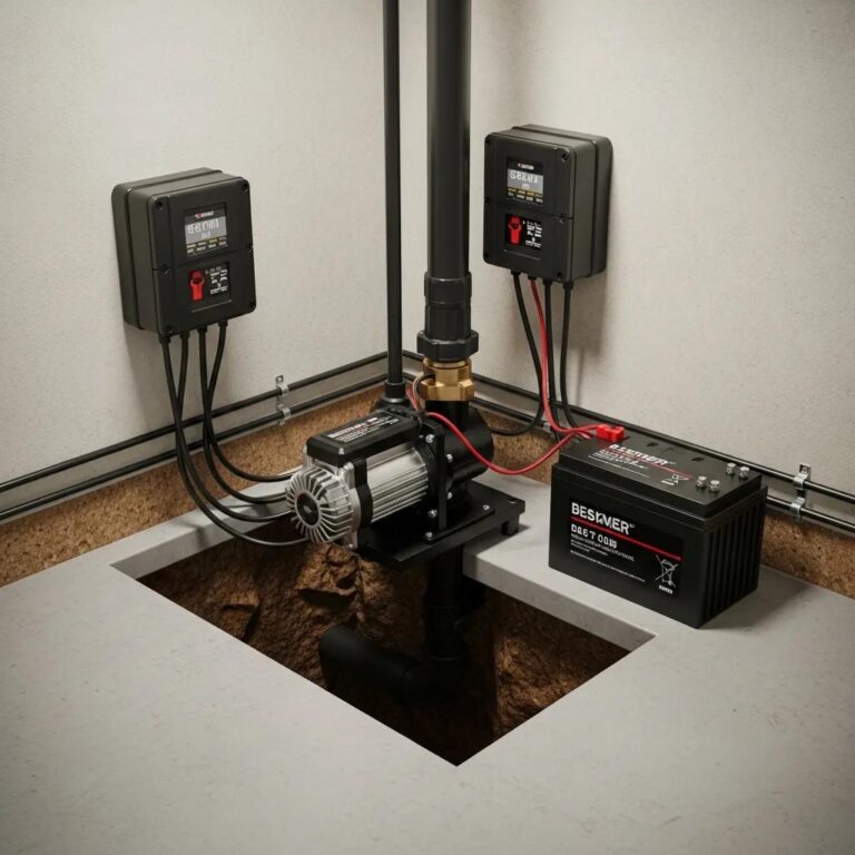 Battery backup sump pump system in a basement, highlighting its importance for flood prevention