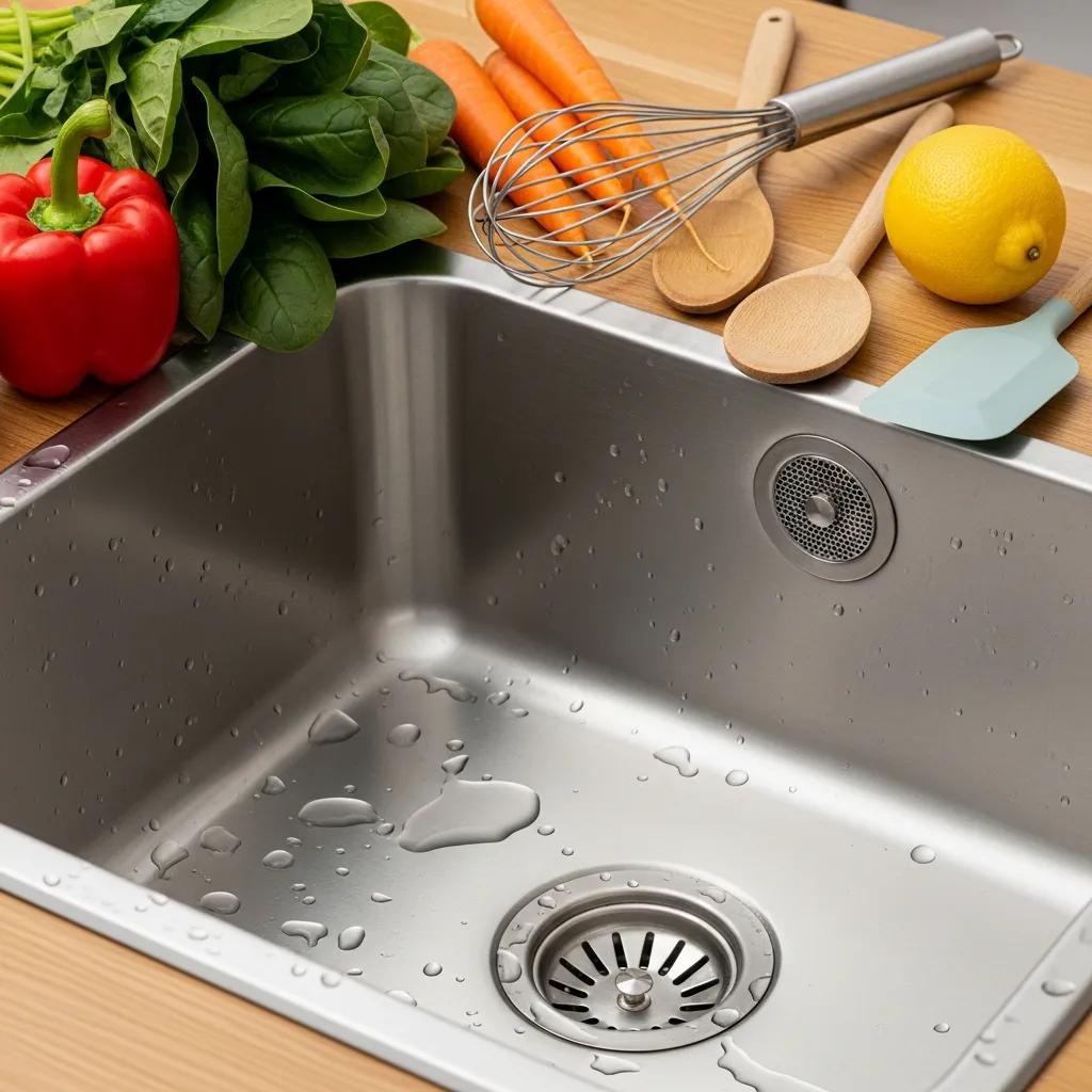 Clean kitchen sink with drain screen and fresh vegetables, highlighting drain clog prevention
