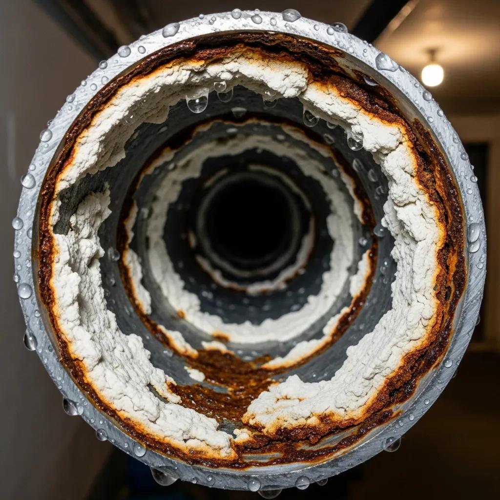 Close-up of a pipe interior showing limescale buildup and corrosion from hard water, with visible moisture droplets.