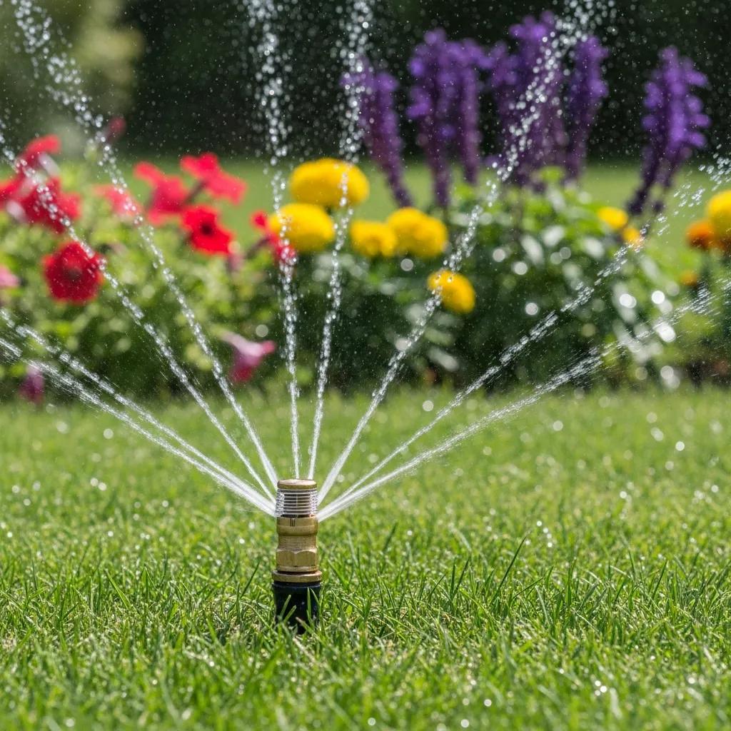 Well-maintained sprinkler head watering vibrant lawn with colorful flowers in the background, illustrating effective irrigation for seasonal lawn care.