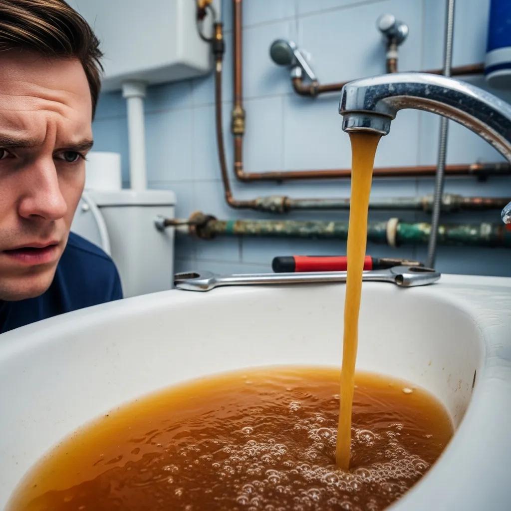 Faucet running discolored water &mdash; a common sign that whole-house repiping may be needed