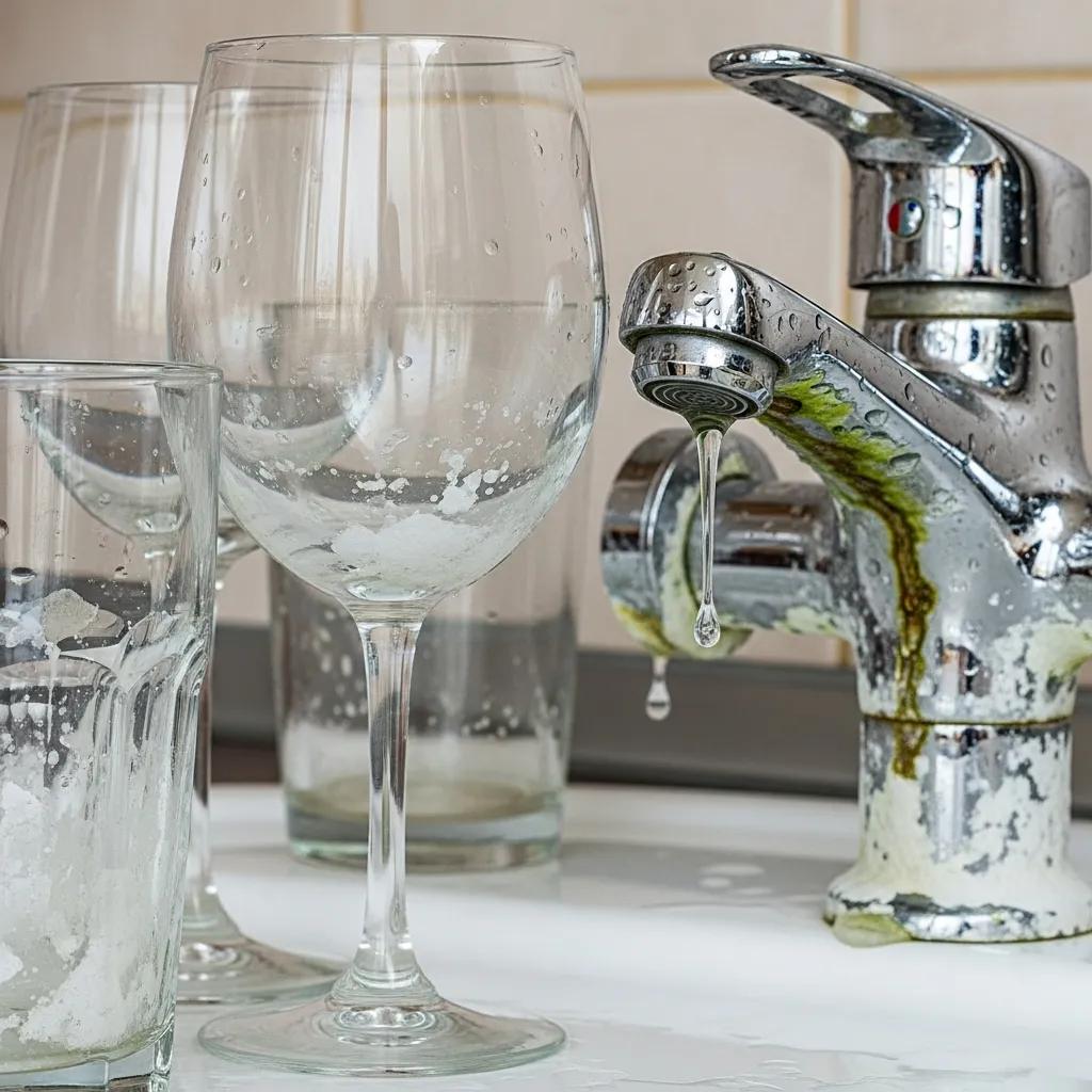 Glassware with mineral spotting and a faucet with limescale buildup