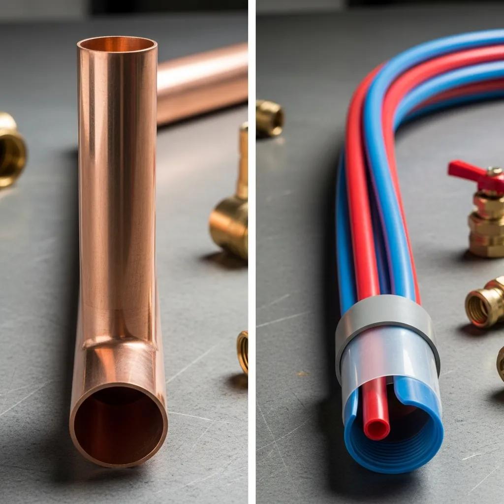 Side-by-side view of copper and PEX pipe examples to compare repiping options