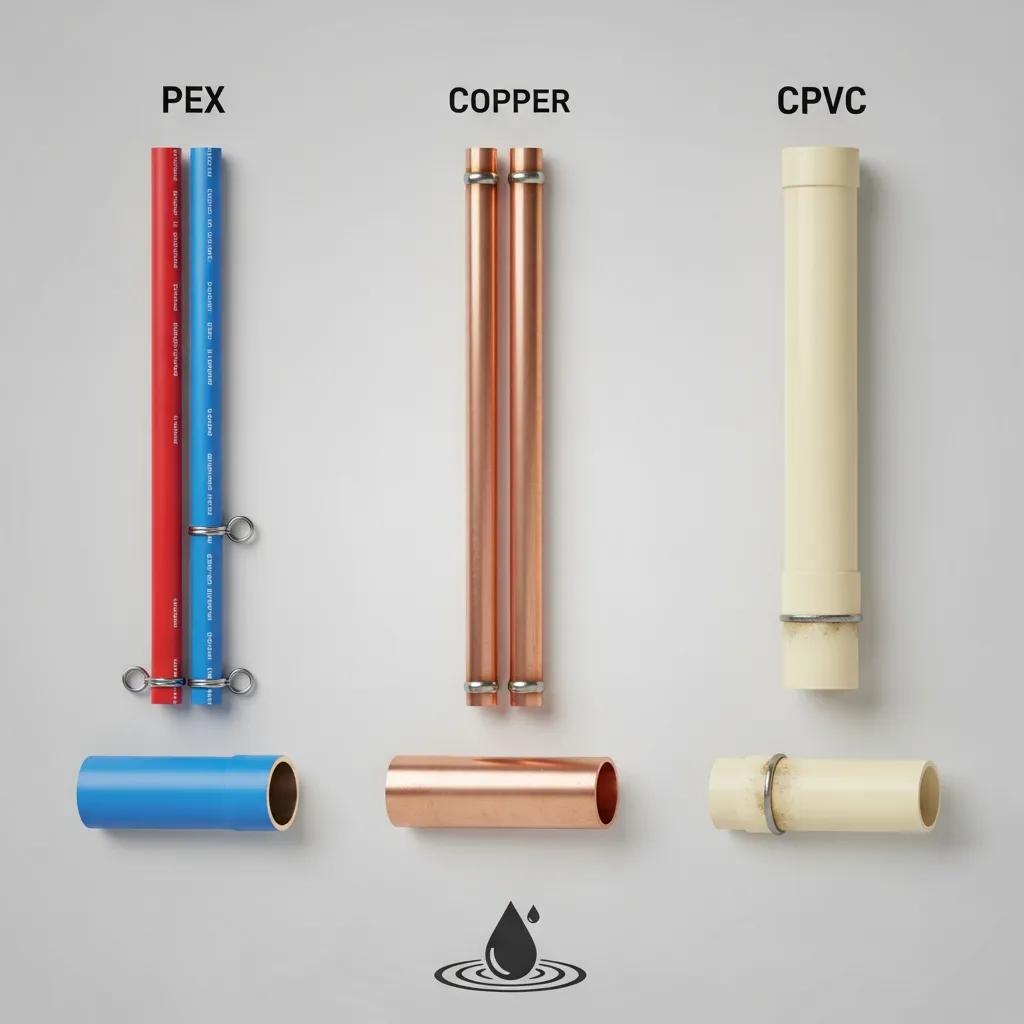 Side‑by‑side view of PEX, copper, and CPVC pipes as common repiping choices
