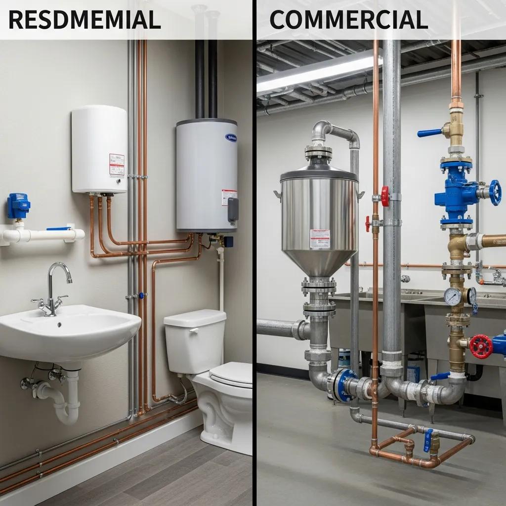 Comparison of residential plumbing system on the left, featuring a sink, toilet, and water heater, alongside a commercial plumbing system on the right, showcasing advanced fixtures like a grease interceptor and backflow prevention assembly, highlighting key differences in design and complexity for Wayne County plumbing standards.