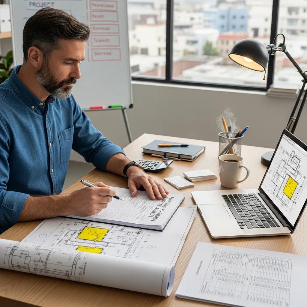 Contractor reviewing plumbing permit documents and blueprints at a desk, with plans highlighting plumbing layout, laptop displaying project details, and tools for compliance with Wayne County plumbing standards.