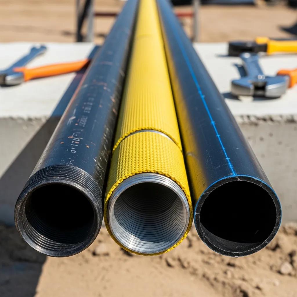 Different types of gas line materials including black iron, CSST, and polyethylene pipes on a construction site, with tools visible in the background, illustrating safe gas line installation practices.