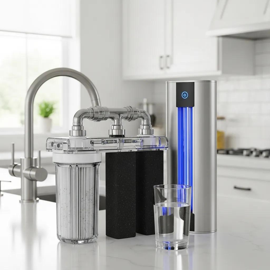 Various whole-house filtration components showing stages that improve water quality