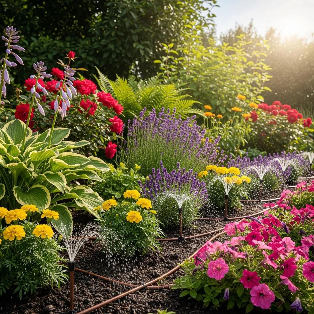 Drip irrigation system watering a vibrant garden with colorful flowers, including marigolds, petunias, and lavender, showcasing efficient water delivery to plant root zones.