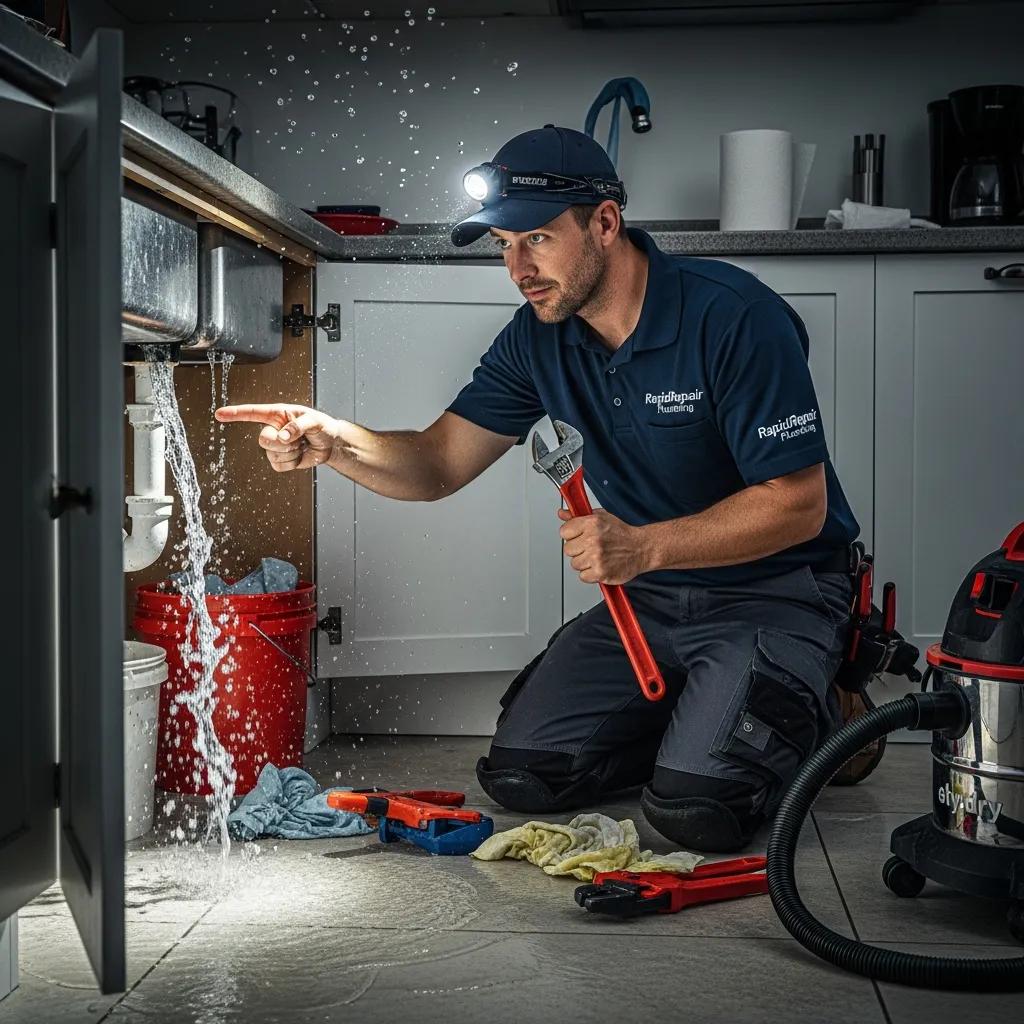 Emergency plumber assessing a severe leak under a sink in a home