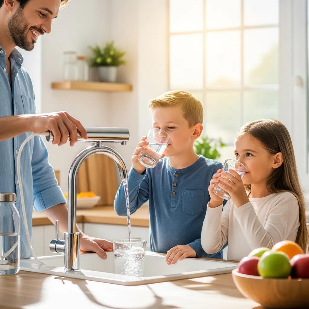 Family enjoying clean filtered water from a kitchen faucet