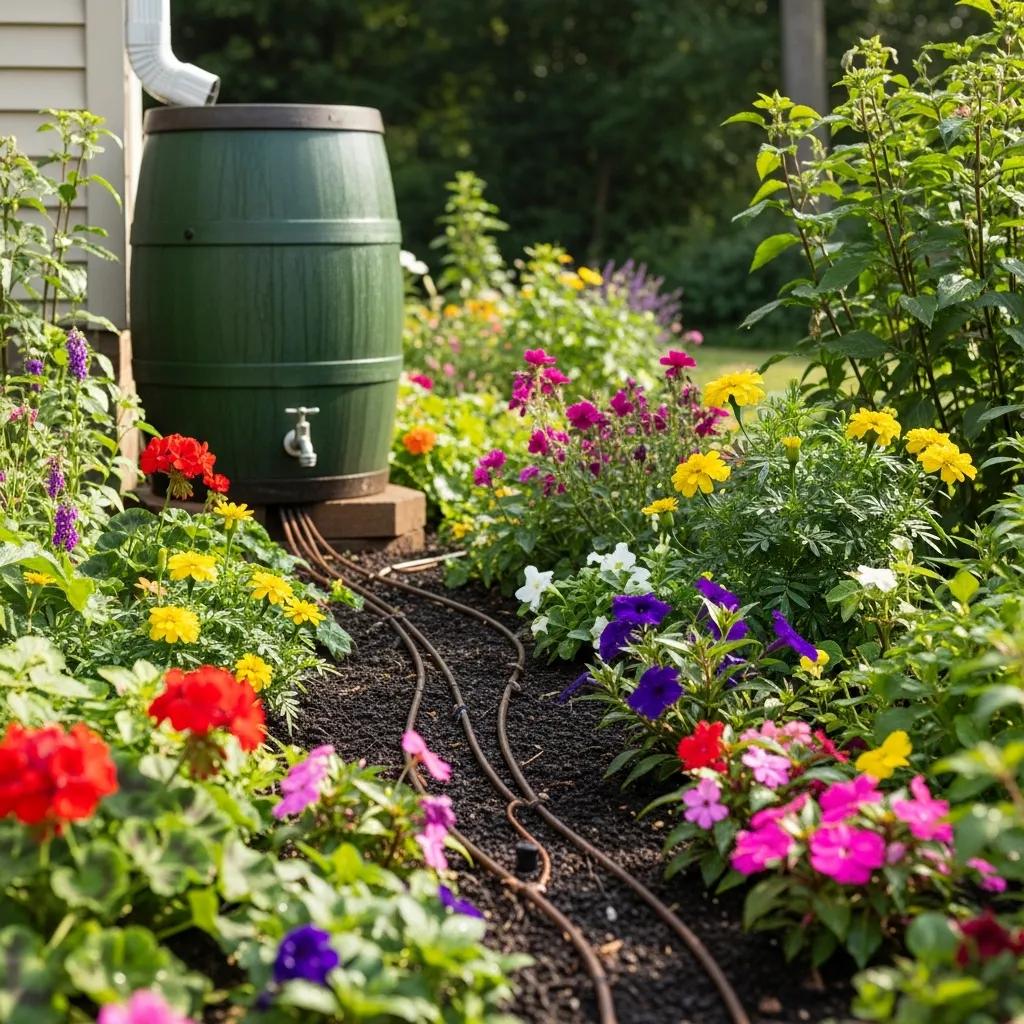Green rain barrel beside vibrant flower garden, illustrating rainwater harvesting benefits for plant health and water conservation.