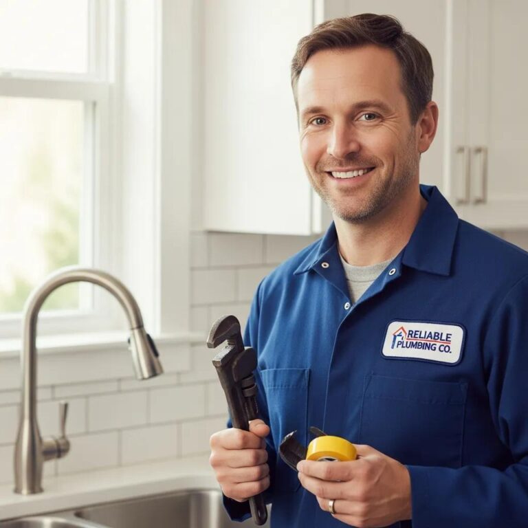 Friendly plumber in uniform holding tools in a clean home setting, representing trusted plumbing services