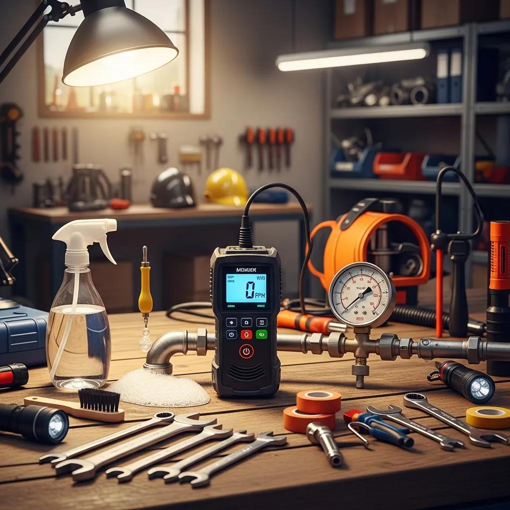 Gas leak detection tools including an electronic detector, pressure gauge, and various hand tools on a workbench, illustrating professional equipment for safe gas line inspections and repairs.