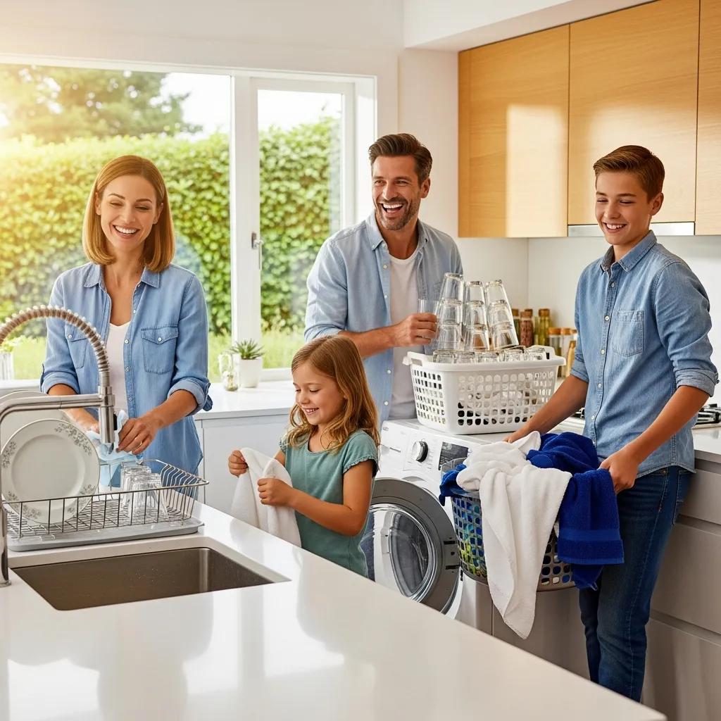 Family enjoying clean dishes and fresh laundry in a bright kitchen