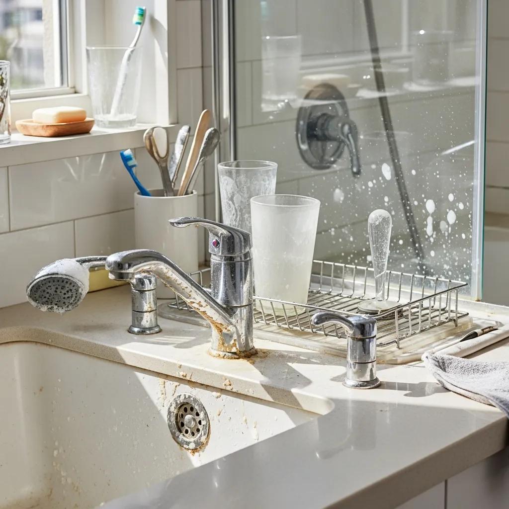 Kitchen sink showing signs of hard water damage with limescale buildup on faucet and cloudy glassware, illustrating the effects of hard water on home fixtures.
