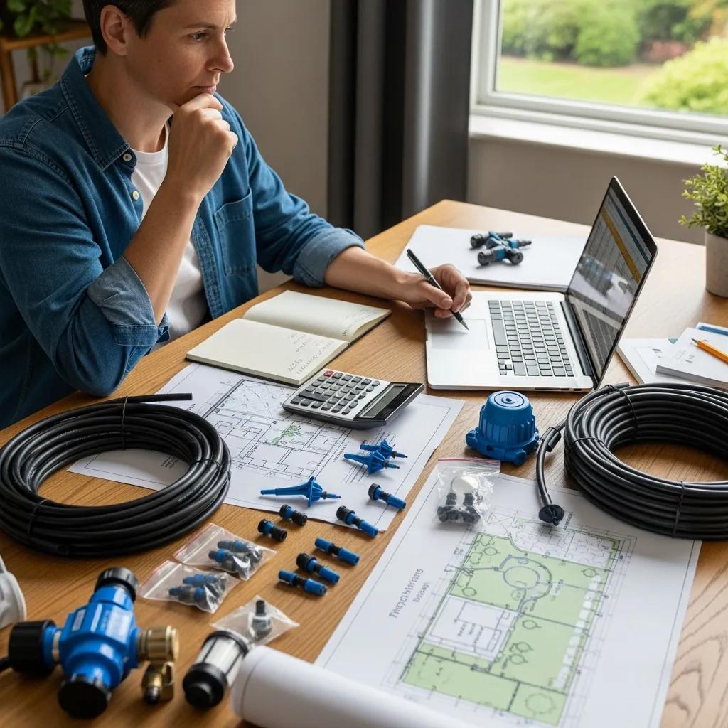 Homeowner assessing drip irrigation installation costs with components, plans, and a calculator on a table.