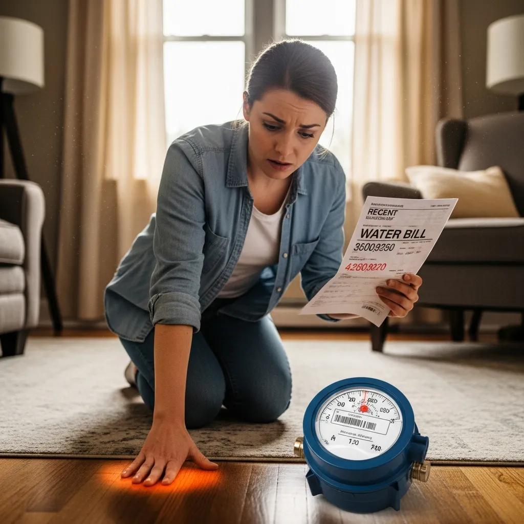 Homeowner inspecting floors for signs of a hidden slab leak in a living room