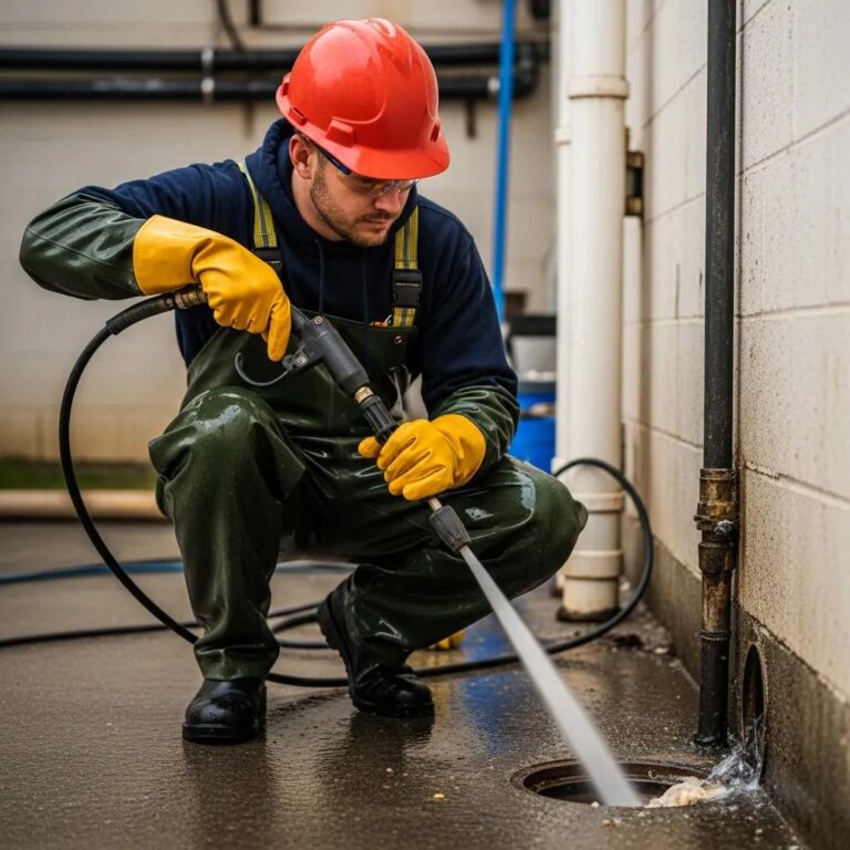 Hydro jetting technician using high-pressure water jetter to clear stubborn drain clogs