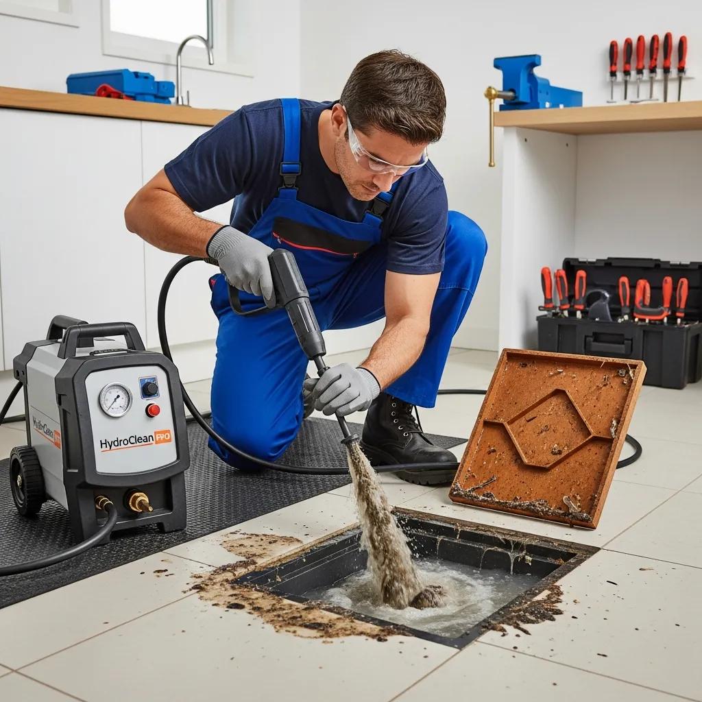 Licensed plumber using hydro jetting machine to clean a residential drain