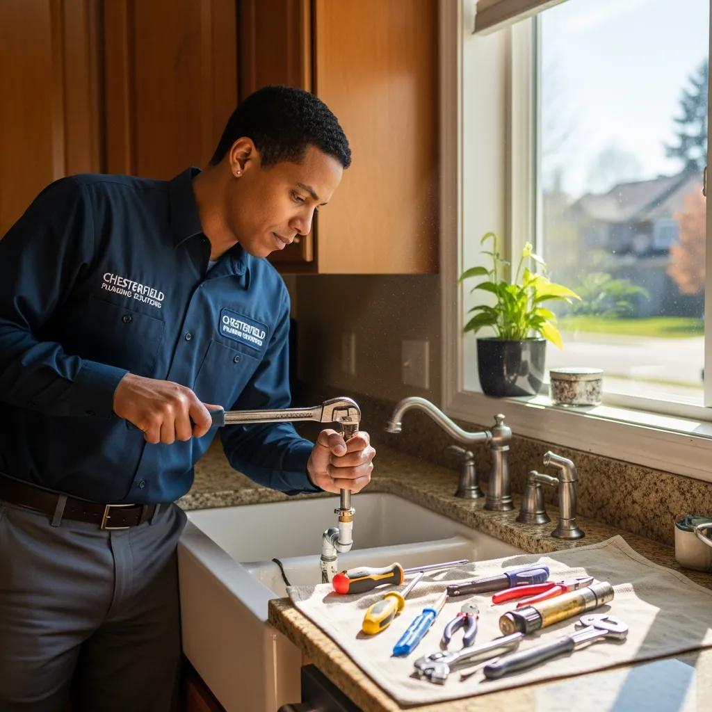 Licensed plumber working on a residential plumbing system in Chesterfield home