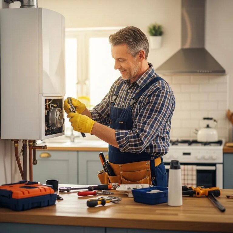 Local plumber repairing a water heater in a cozy kitchen setting