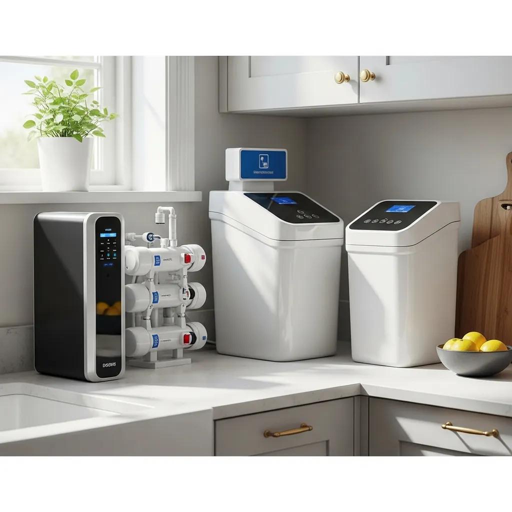 Modern kitchen featuring advanced water treatment systems, including a reverse osmosis unit and filtration systems, designed for cleaner and safer drinking water.