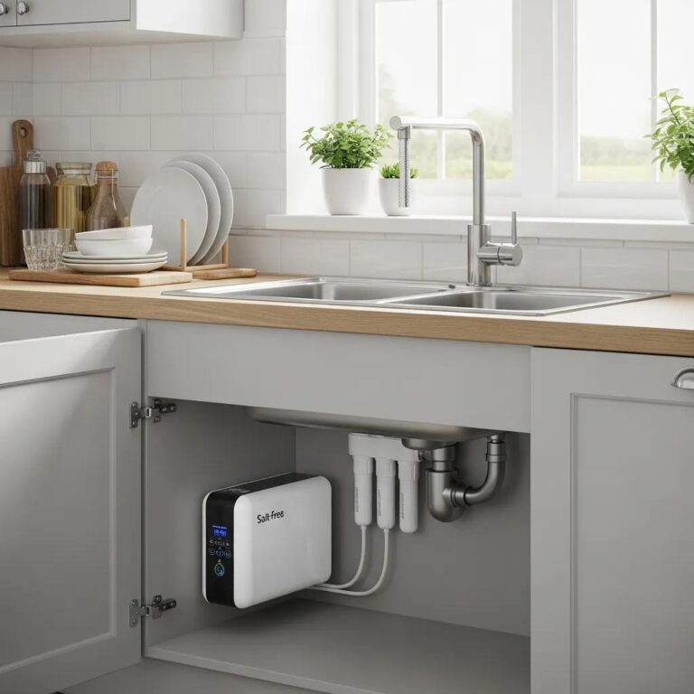 Modern kitchen featuring a salt-free water conditioner under the sink, highlighting cleanliness and efficiency
