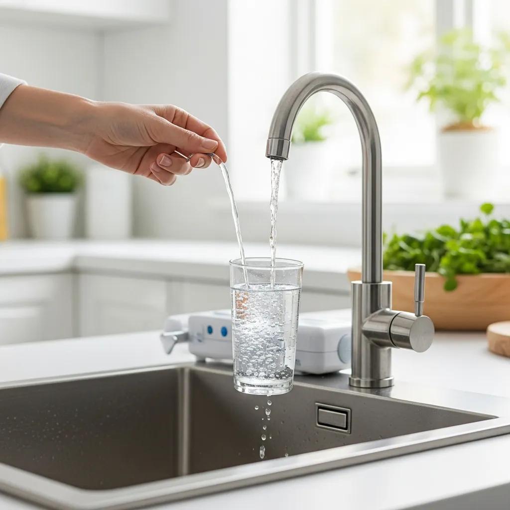 Modern kitchen sink with point-of-use water filter and clear filtered water